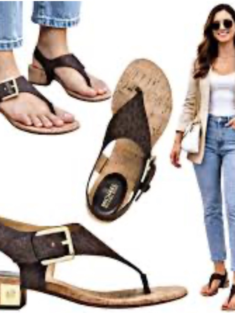 MICHAEL KORS Brown Leather         T-Strap Sandals with gold Buckle    Size 9.5